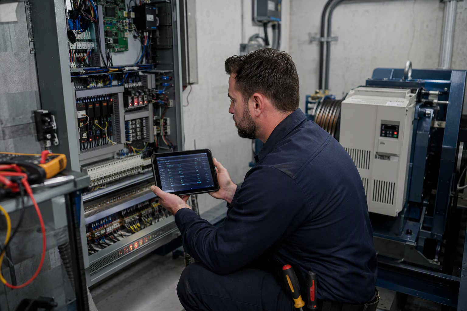 Elevator technician inspecting machine-room controller and traction drive equipment during a modernization evaluation in a Florida commercial building