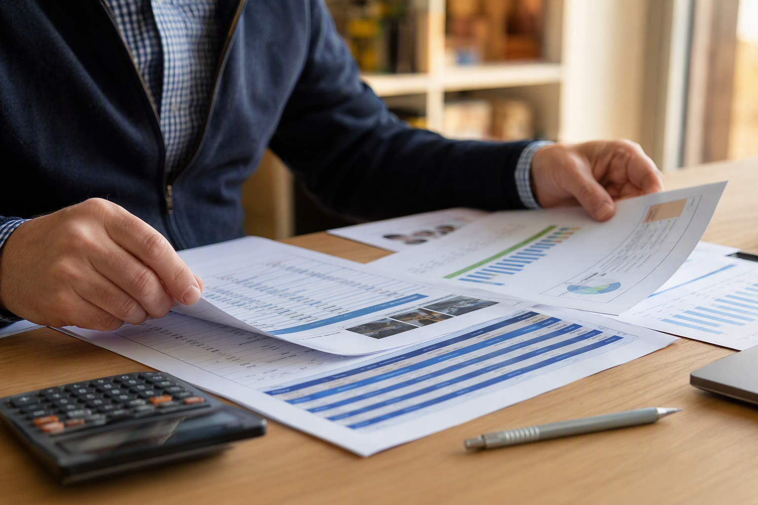 Property manager reviewing elevator modernization versus full replacement cost comparison documents at an office desk in a Florida commercial building