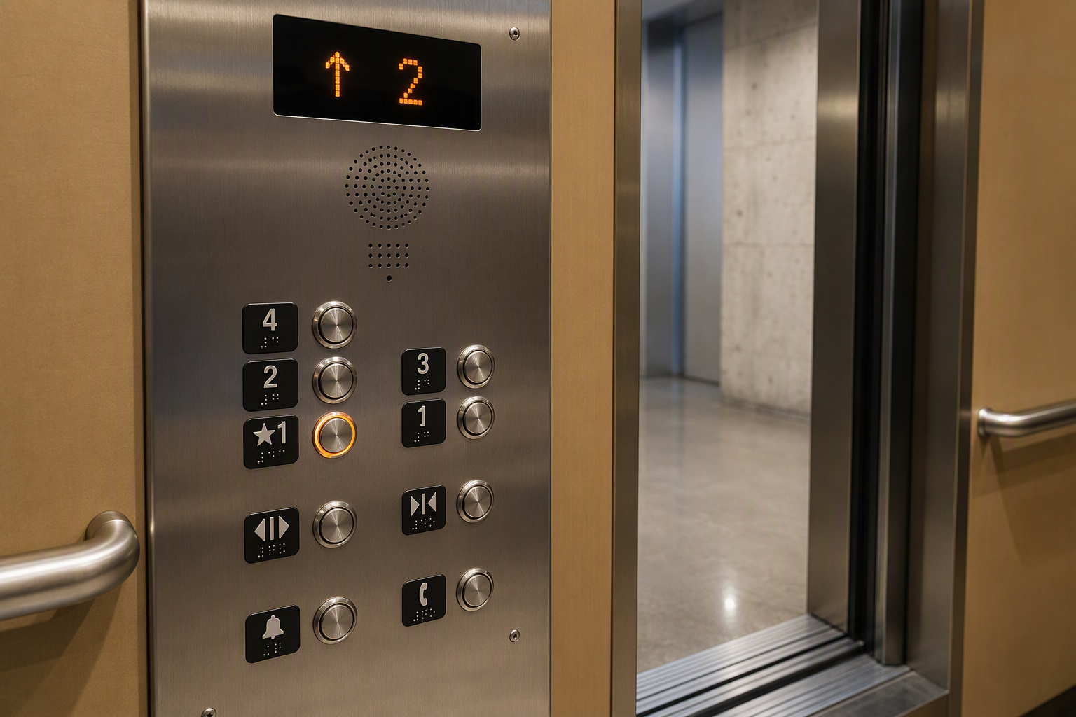 Interior elevator control panel with Braille buttons, audible floor indicator, and emergency two-way communication system meeting ADA elevator requirements for commercial buildings.