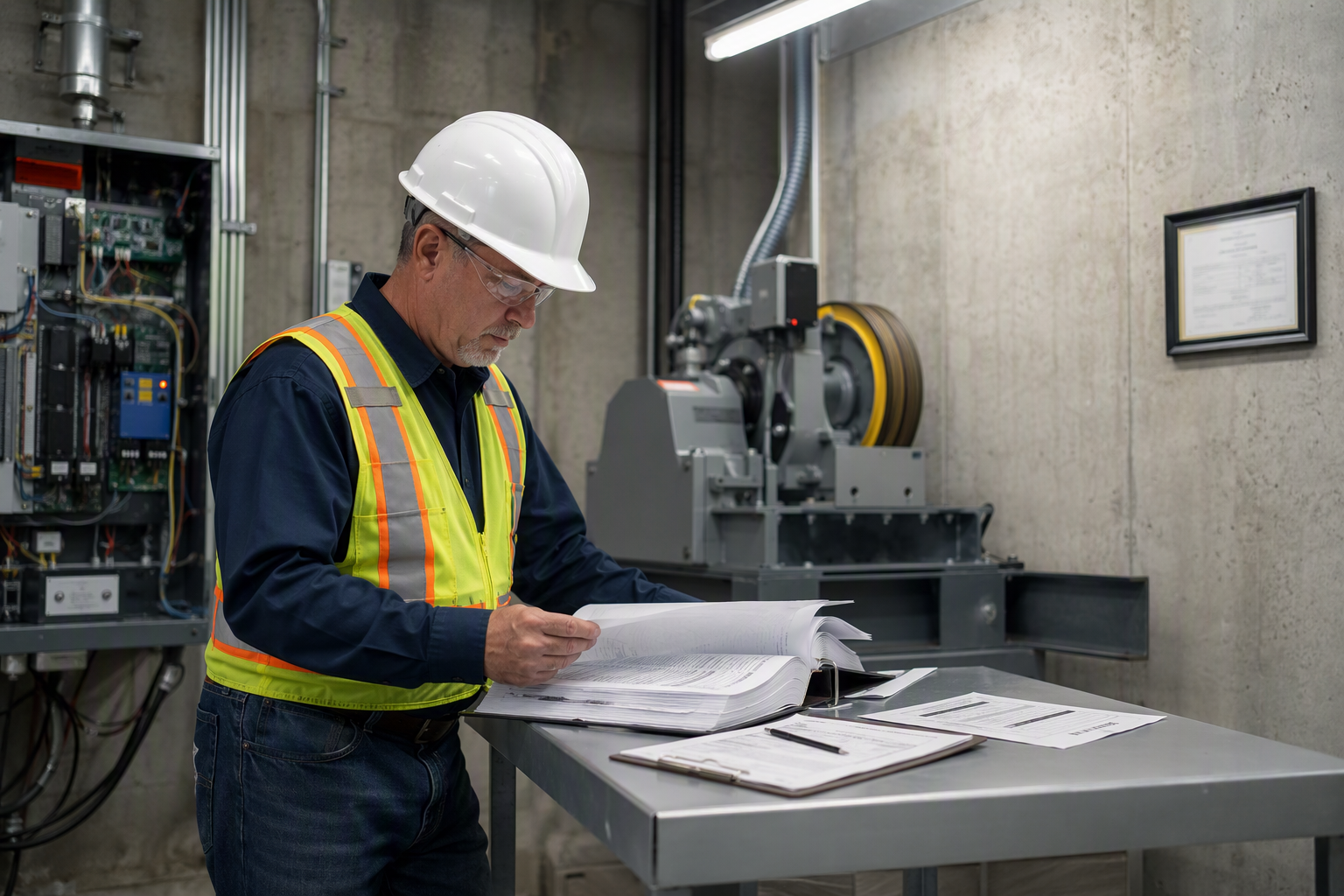 Licensed elevator inspector reviewing ADA compliance documentation and ASME A17.1 code checklists in a commercial building elevator machine room in Florida.