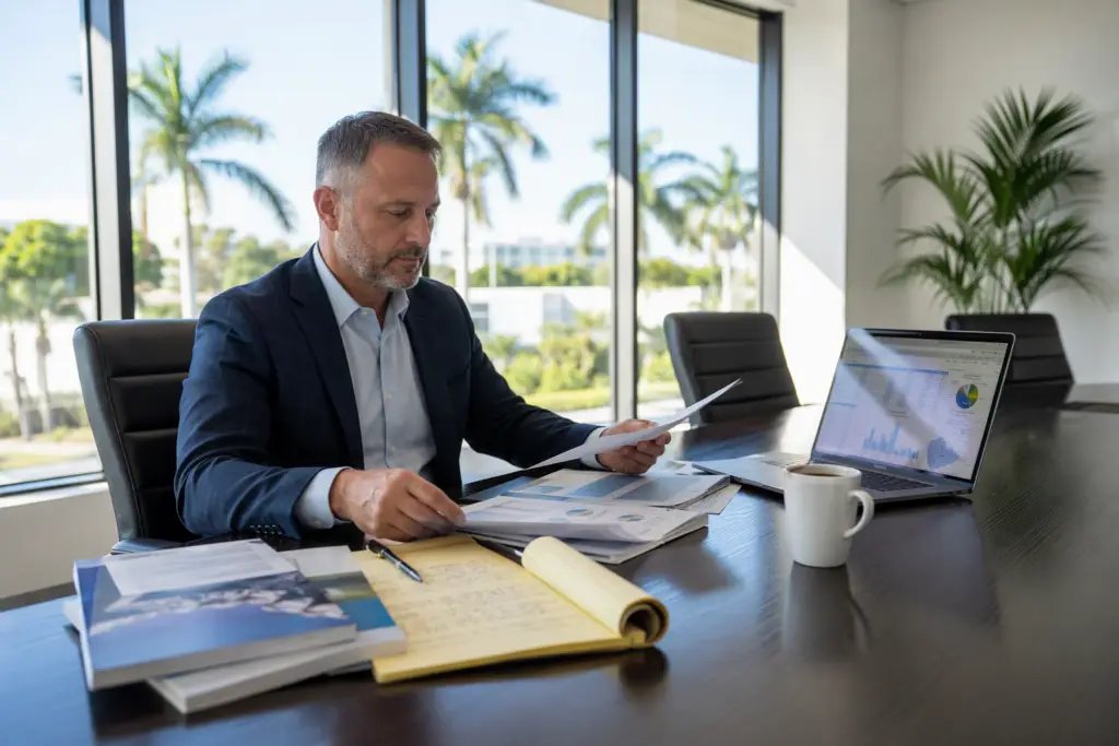 Facilities manager reviewing elevator industry statistics 2025 reports and data sources at a conference table in a Florida commercial office building