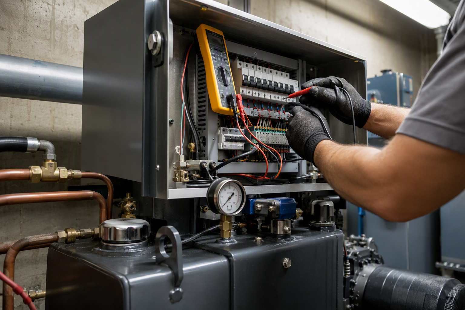Elevator technician inspecting hydraulic power unit and controller in a Florida commercial building machine room as part of routine annual maintenance service