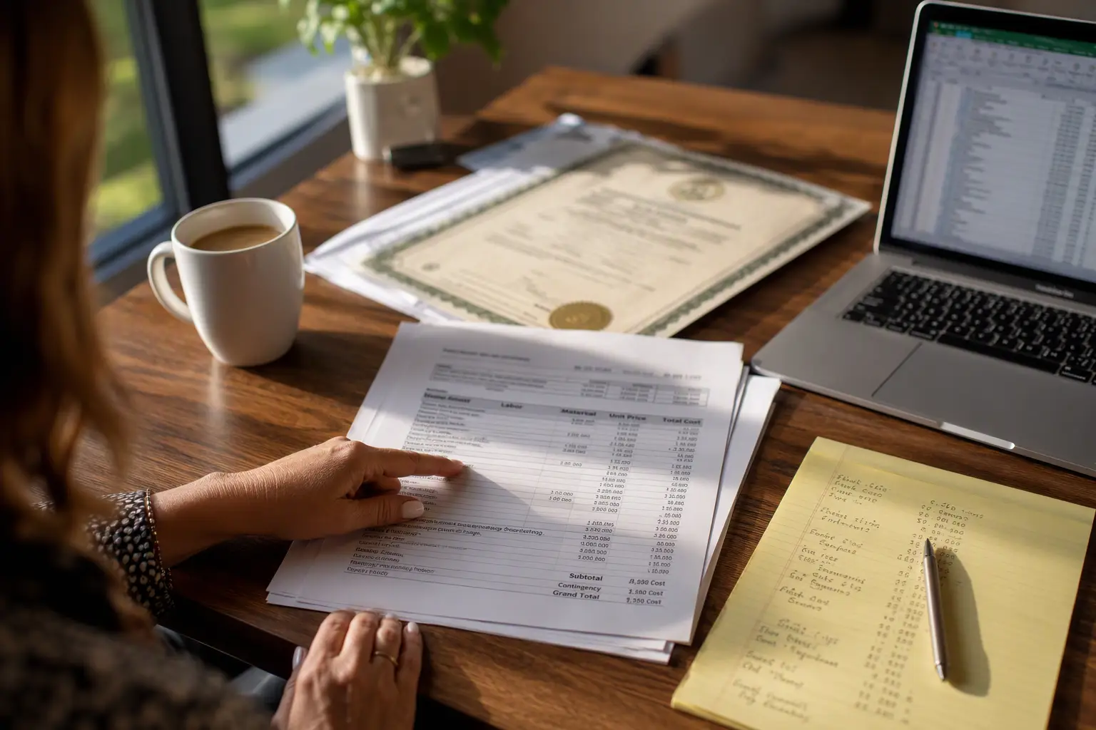 Florida building manager reviewing annual elevator maintenance cost estimates and state inspection certificate at office desk, budgeting for commercial elevator service contracts