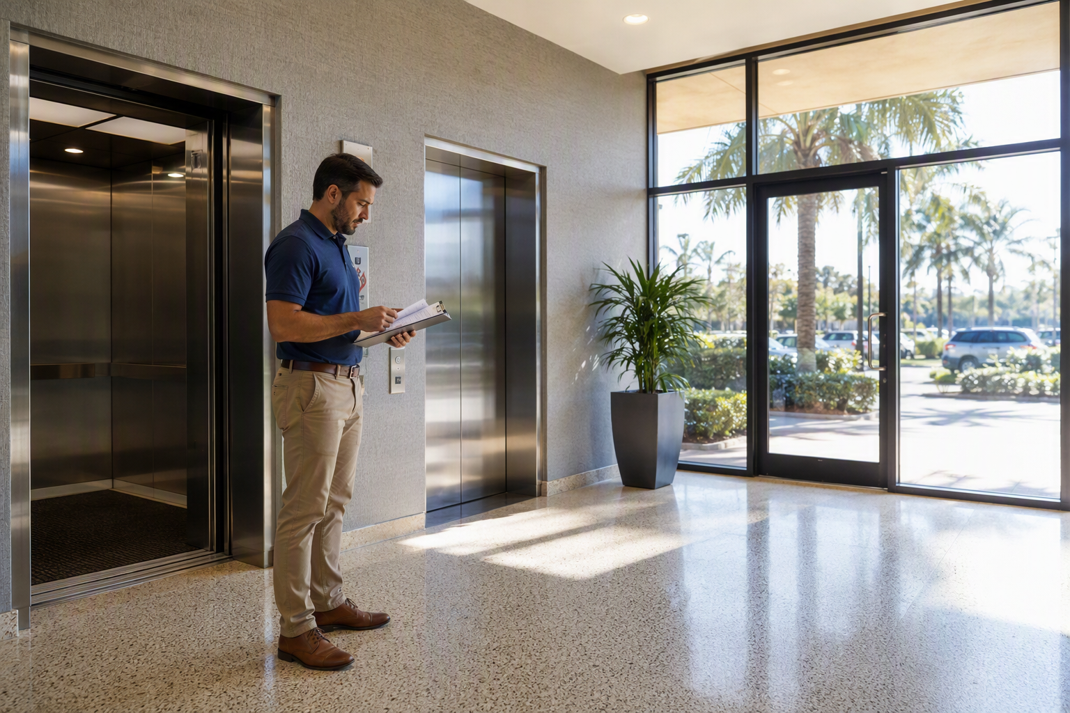 Property manager reviewing annual elevator maintenance cost documents in a South Florida commercial building lobby with stainless-steel elevator doors, Pompano Beach FL