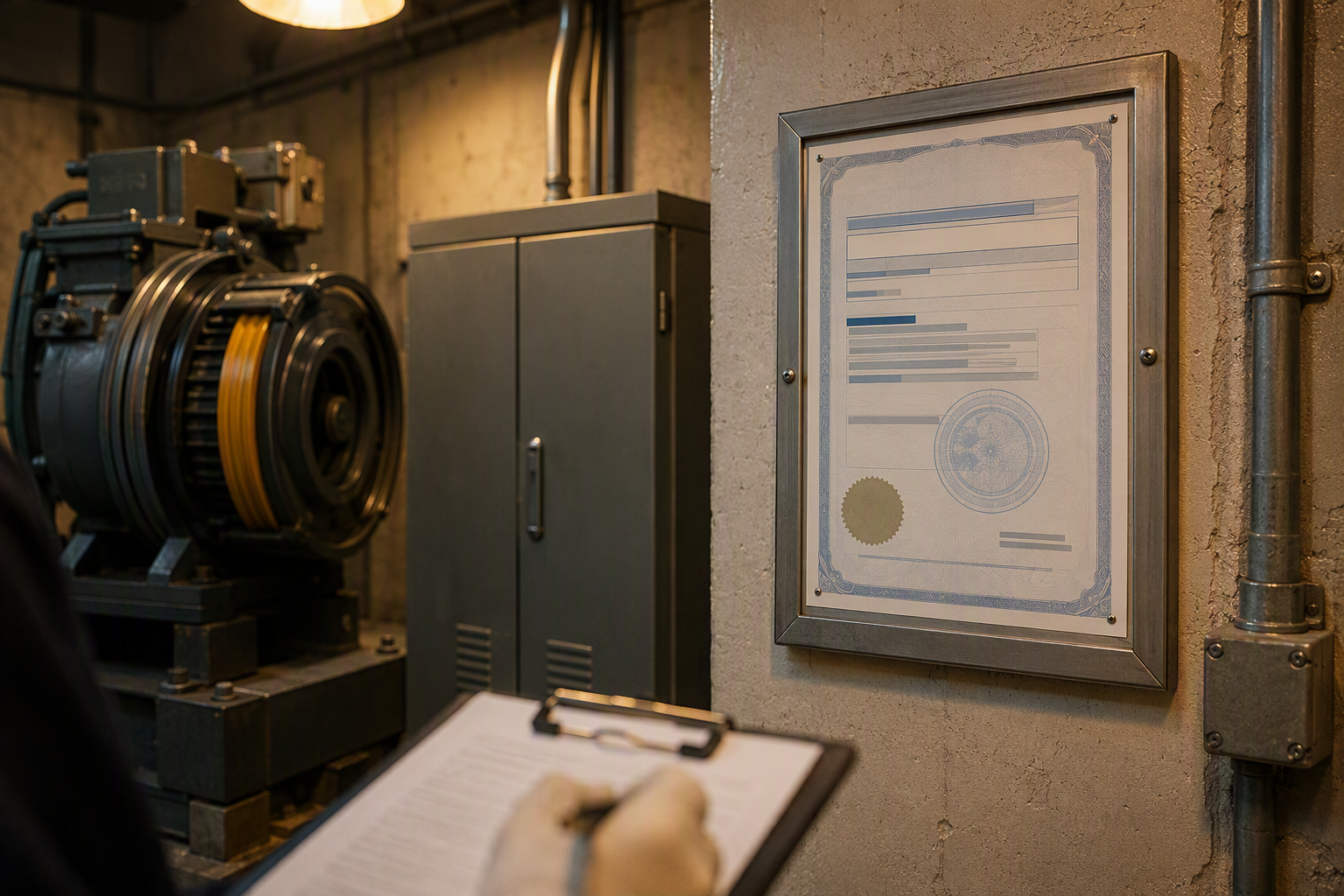 Elevator inspection certificate on machine room wall with ASME and Florida DBPR compliance documentation reviewed by licensed inspector in Broward County healthcare facility