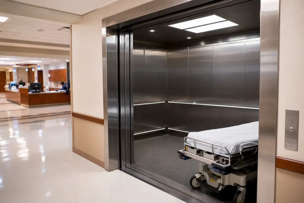Hospital-duty elevator cab with wide doors open and gurney at threshold in a Pompano Beach FL healthcare facility, showing antimicrobial stainless-steel interior and recessed lighting