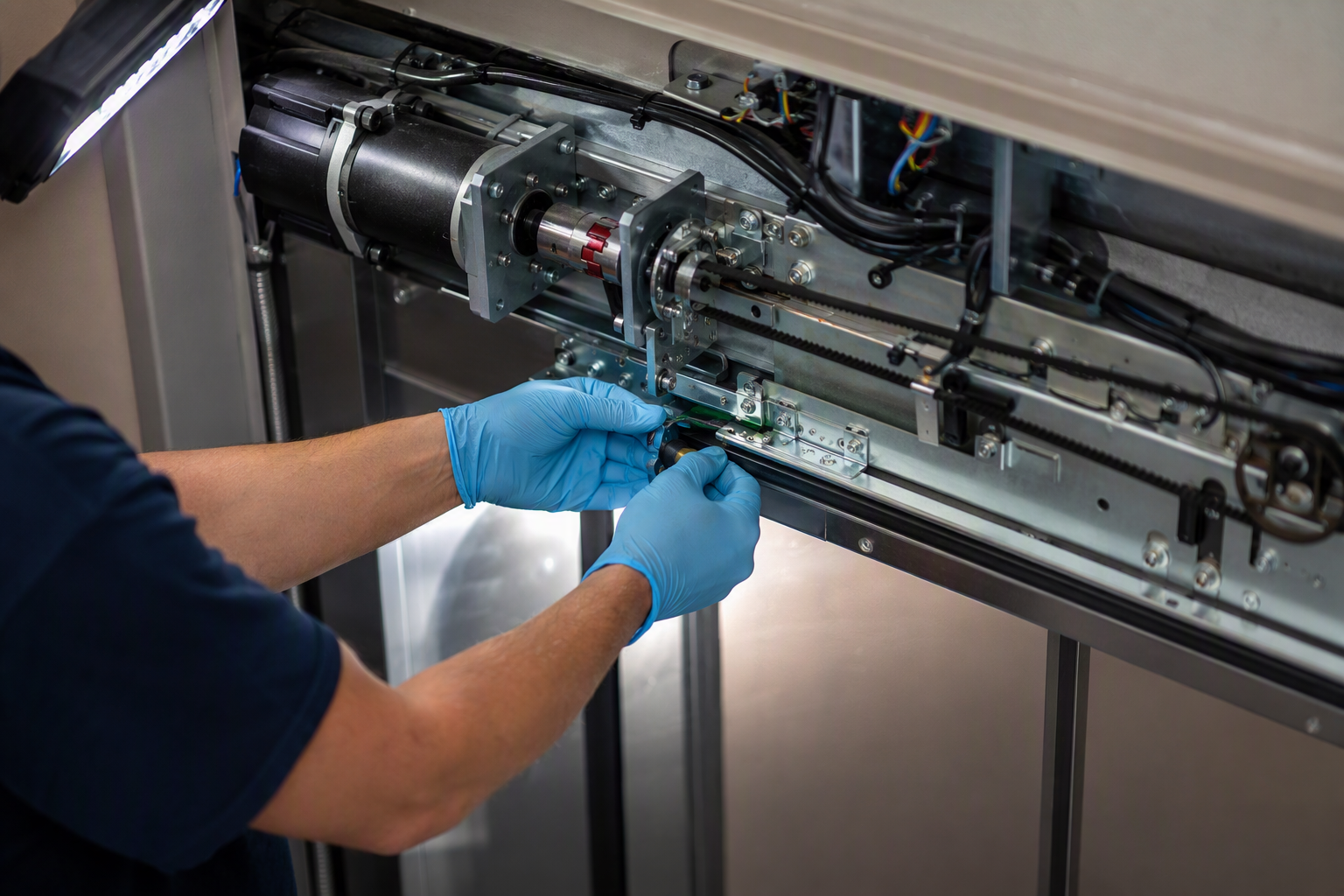 Elevator door operator and safety edge sensor being calibrated by a licensed elevator technician, ensuring correct door timing and patient transport safety in a Florida healthcare facility