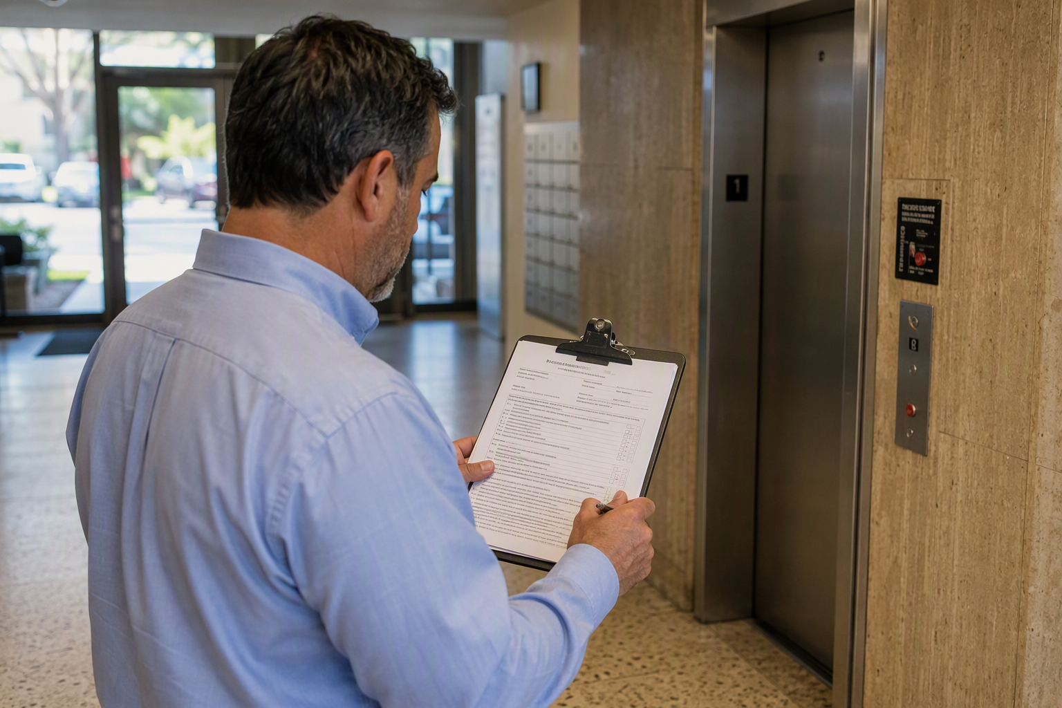 Elevator inspector reviewing DBPR modernization permit and ASME A17.3 compliance checklist in a Florida apartment building lobby with Phase I fire service key switch visible