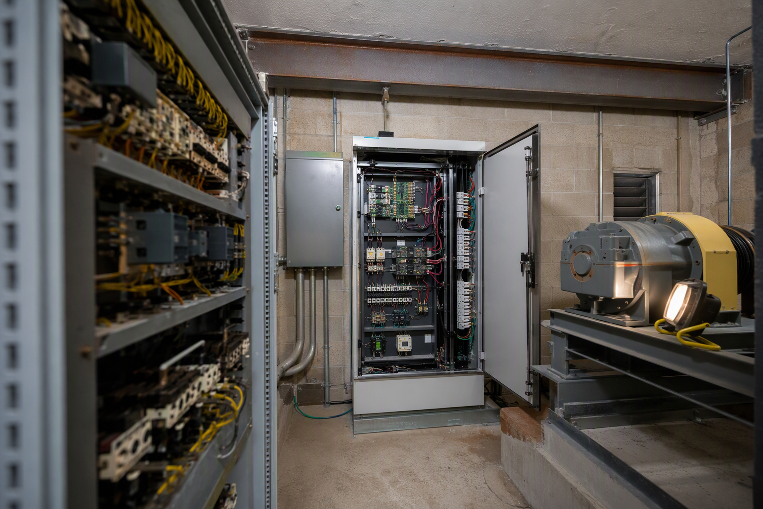 New solid-state elevator controller installed during a Florida apartment building elevator modernization, triggering ASME A17.3 code compliance upgrades in Pompano Beach FL