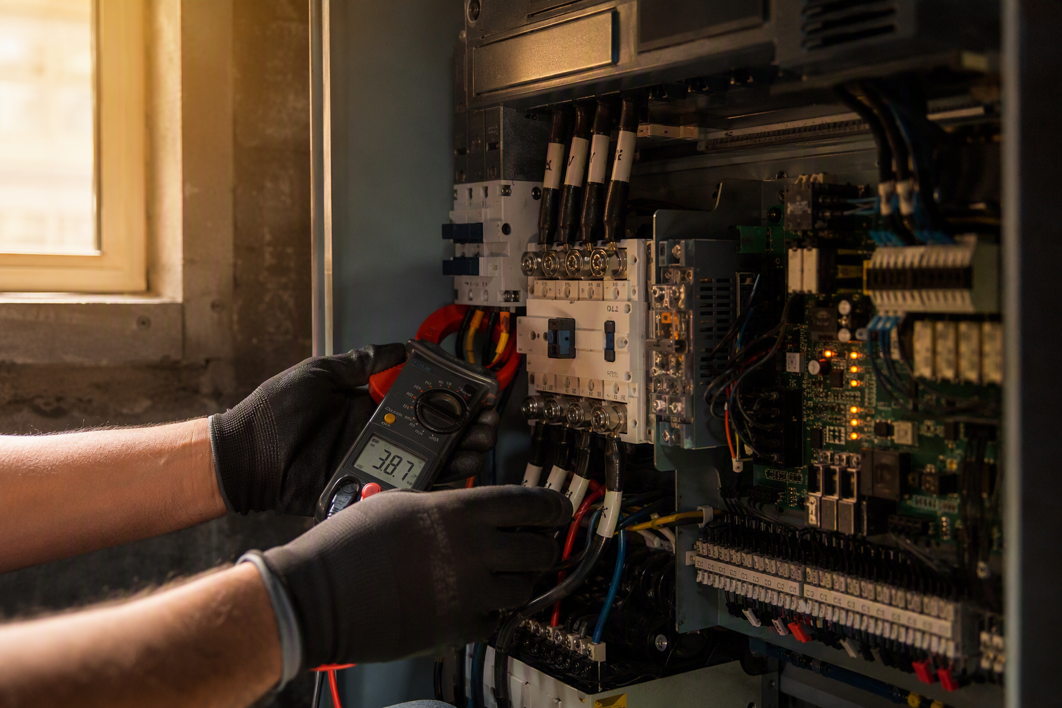 Close-up of an electric traction elevator motor controller cabinet showing overload relay and technician using a clamp meter to diagnose early motor failure warning signs