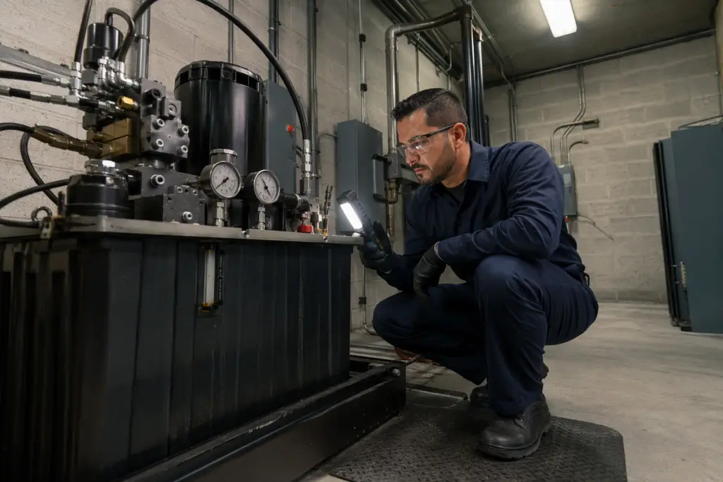 Licensed elevator technician inspecting a hydraulic power unit in a Florida machine room, checking for signs of hydraulic system failure including oil leaks and pump wear