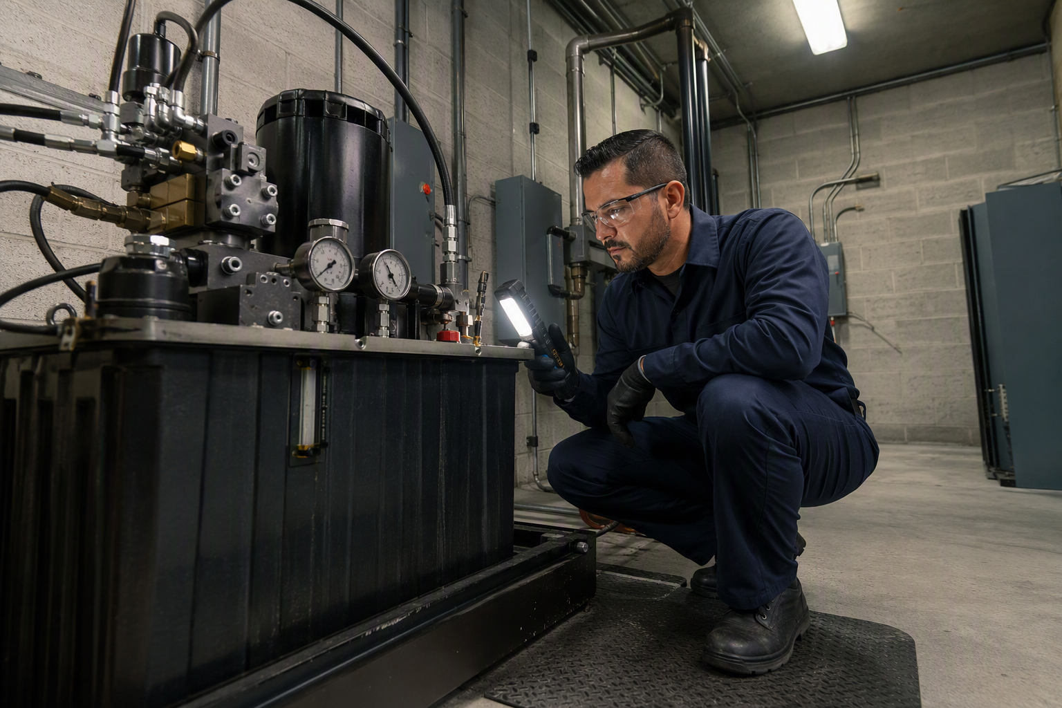 Licensed elevator technician inspecting a hydraulic power unit in a Florida machine room, checking for signs of hydraulic system failure including oil leaks and pump wear