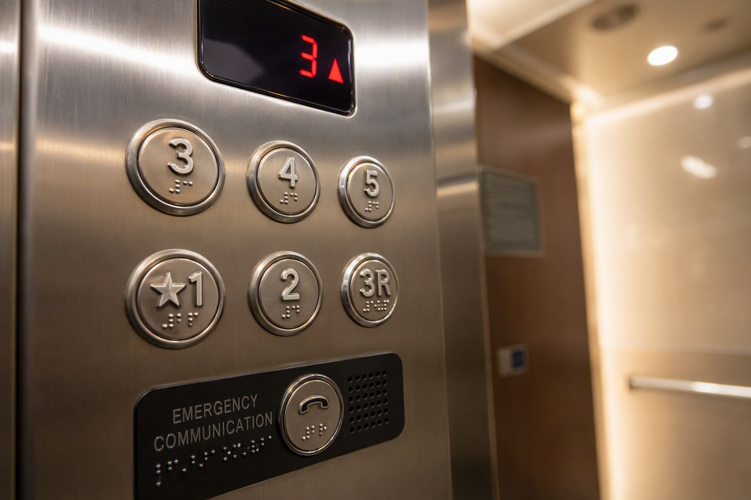 ADA-compliant elevator control panel with Braille labels, raised tactile floor buttons, and two-way emergency communication device inside a Florida hospital elevator cab