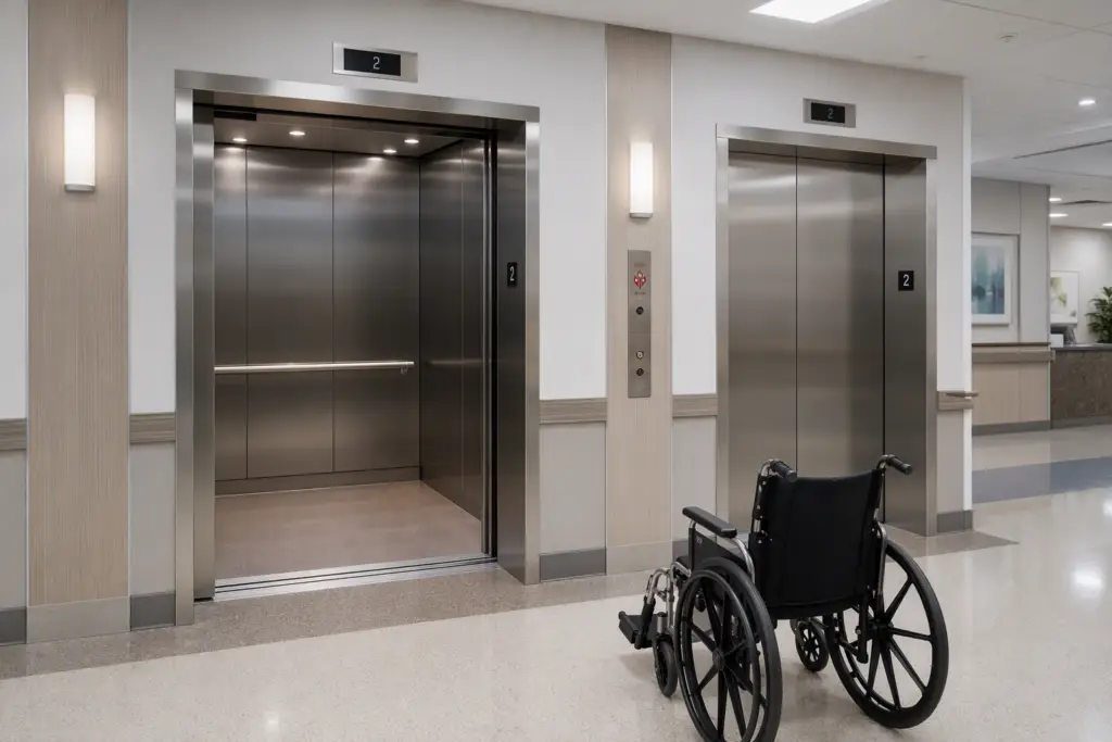 ADA-compliant hospital elevator lobby in a Florida healthcare facility showing accessible cab interior, flush threshold, and accessible control panel height for wheelchair users
