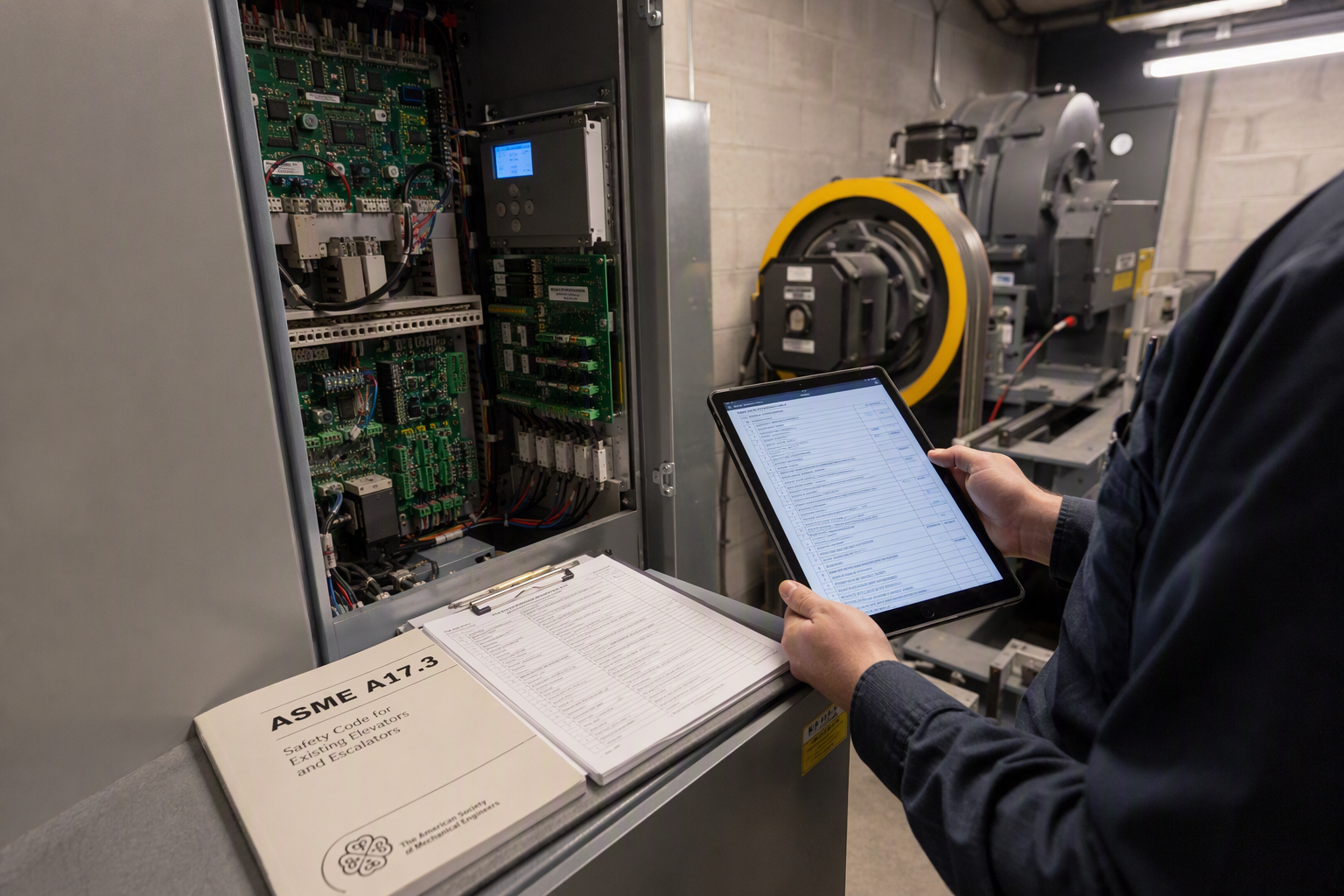 Elevator technician reviewing ASME A17.3 compliance documentation in a Florida hospital elevator machine room during an ADA upgrade assessment