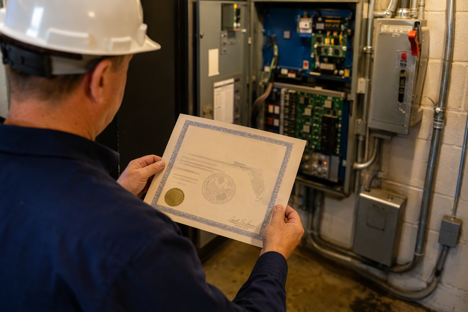 Licensed elevator inspector reviewing a Florida Certificate of Operation in an industrial building machine room with ASME A17.1 compliant controller panel visible in background