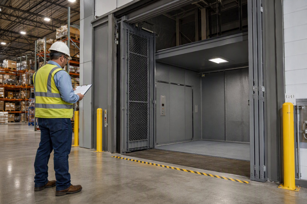 Heavy-duty freight elevator inside a Florida warehouse with steel mesh gate open, facility manager reviewing elevator compliance documents nearby under high-bay LED lighting