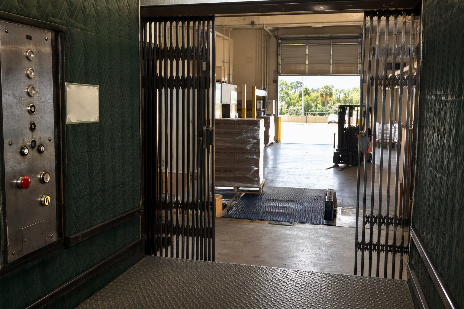 Interior of a Florida warehouse freight elevator cab with steel gate open toward a loading dock, showing industrial diamond-plate floor and heavy-duty operating panel for ASME A17.1 compliant equipmen