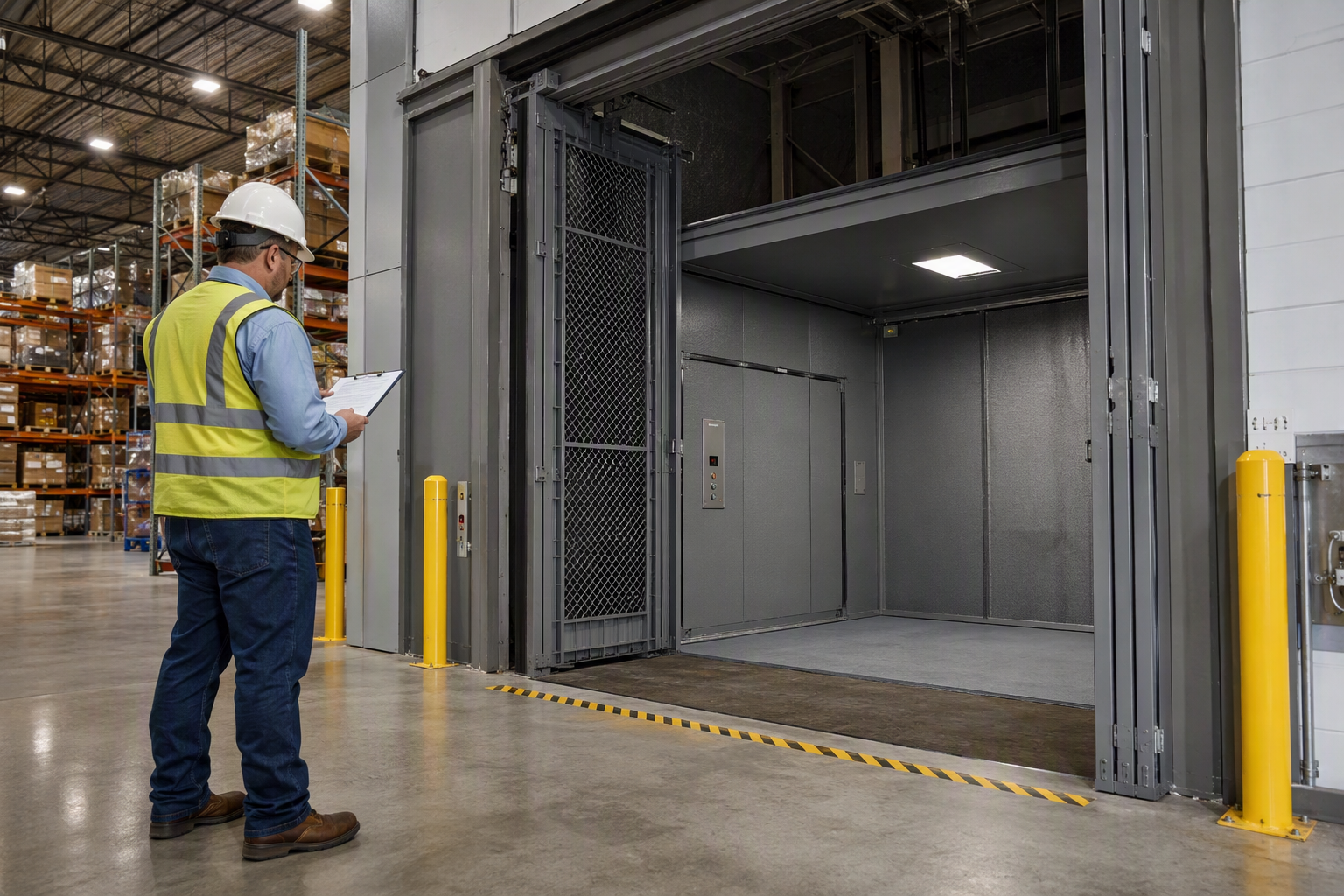 Heavy-duty freight elevator inside a Florida warehouse with steel mesh gate open, facility manager reviewing elevator compliance documents nearby under high-bay LED lighting