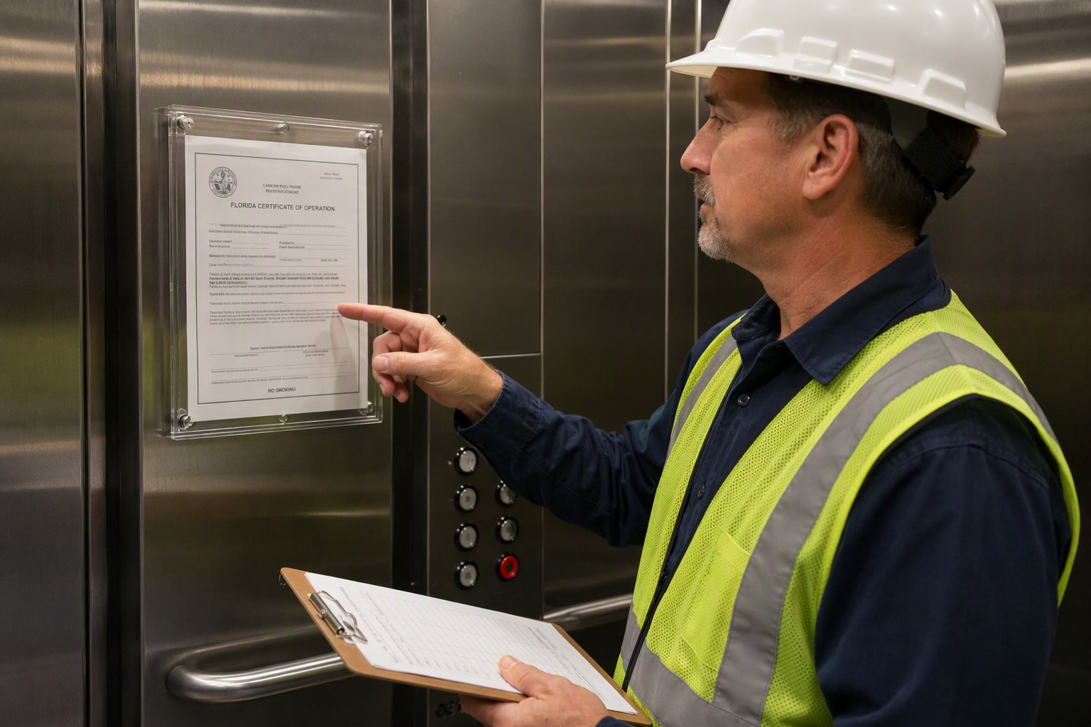 Licensed elevator inspector reviewing a Certificate of Operation mounted inside a commercial elevator cab in Florida, a state-mandated requirement under DBPR regulations.