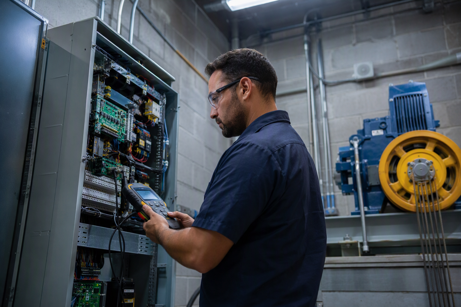 Elevator mechanic diagnosing a commercial building controller in a machine room, representing capital expenditure planning for component replacement under ASME A17.1 safety code requirements.