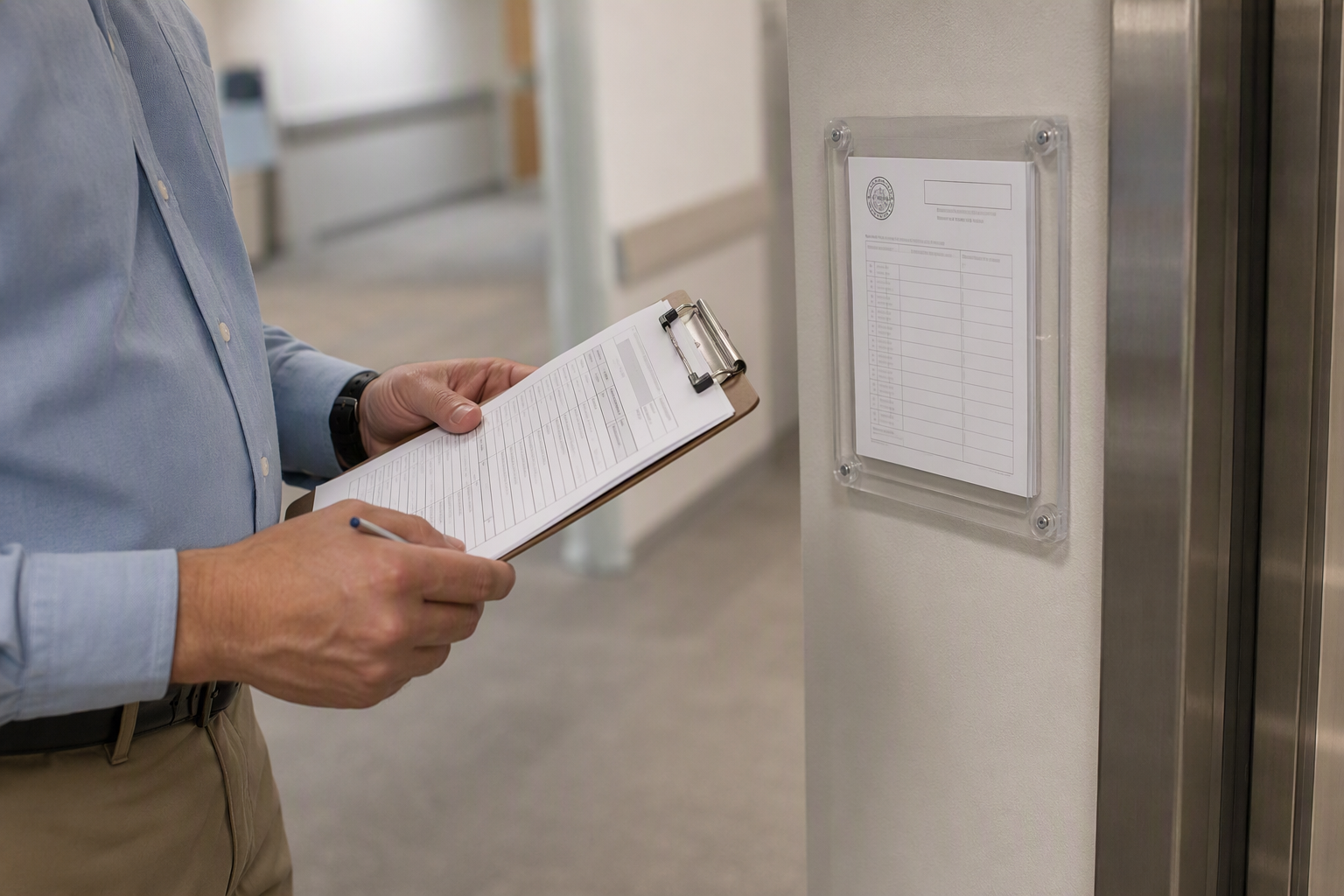 Florida DBPR elevator inspection certificate mounted beside a healthcare facility elevator door, with a facility manager reviewing a compliance checklist for ASME A17.1 and ADA requirements