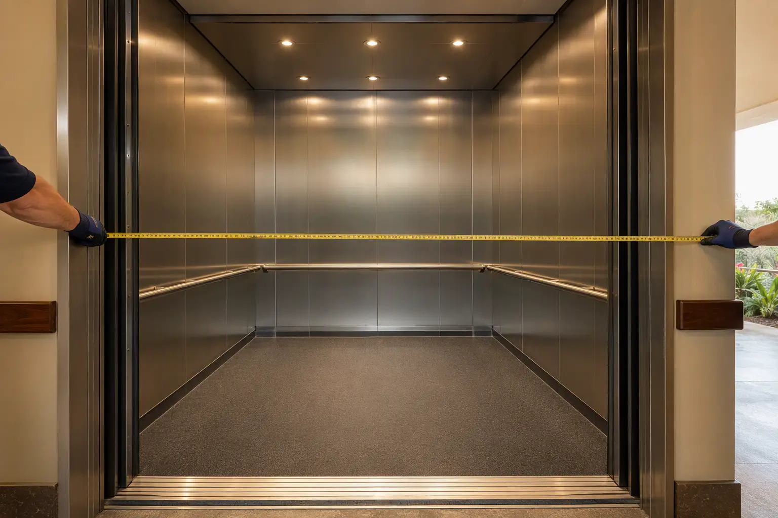 Interior of a Florida healthcare facility elevator cab being measured for ADA and FGI compliance, showing stainless grab rails, wide dimensions, and slip-resistant flooring required for hospital use