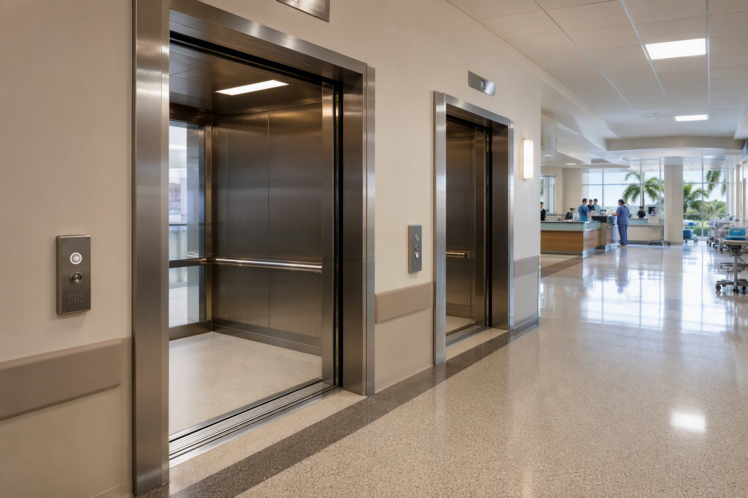 Wide elevator lobby in a Florida healthcare facility showing ADA-compliant stainless-steel elevator doors, call buttons, and wide cab interior meeting Florida elevator code requirements