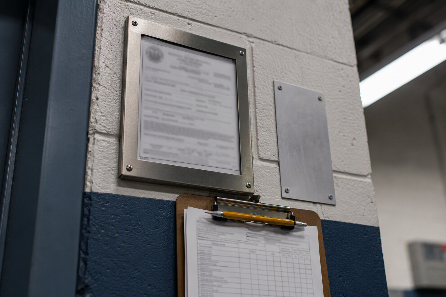 Elevator inspection certificate and compliance checklist on a machine room wall, representing Florida DBPR Bureau of Elevator Safety and ASME A17.3 code requirements for senior living facilities