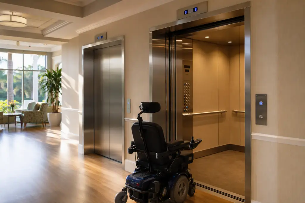 ADA-compliant elevator lobby in a Pompano Beach FL assisted living facility, showing wide cab doors, handrails, and accessible control panel meeting Florida elevator code requirements