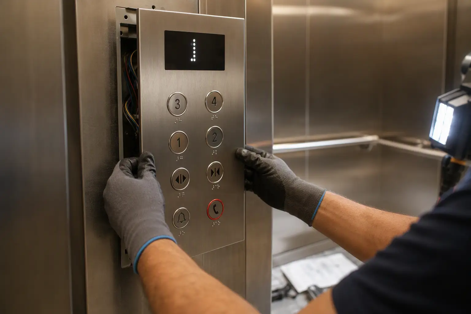 Elevator technician installing an ADA-compliant control panel with Braille buttons and emergency communication in a senior living facility cab upgrade in Pompano Beach FL