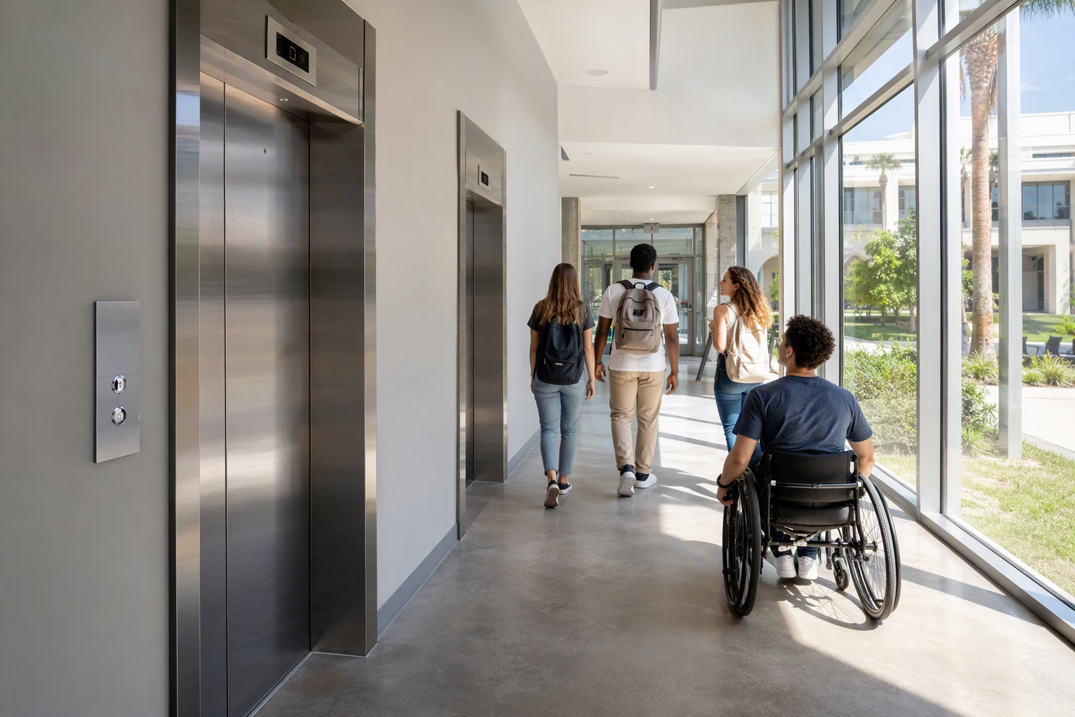 ADA-compliant elevator lobby in a Florida university building showing accessible call buttons, Braille signage, and stainless steel doors serving students including a wheelchair user