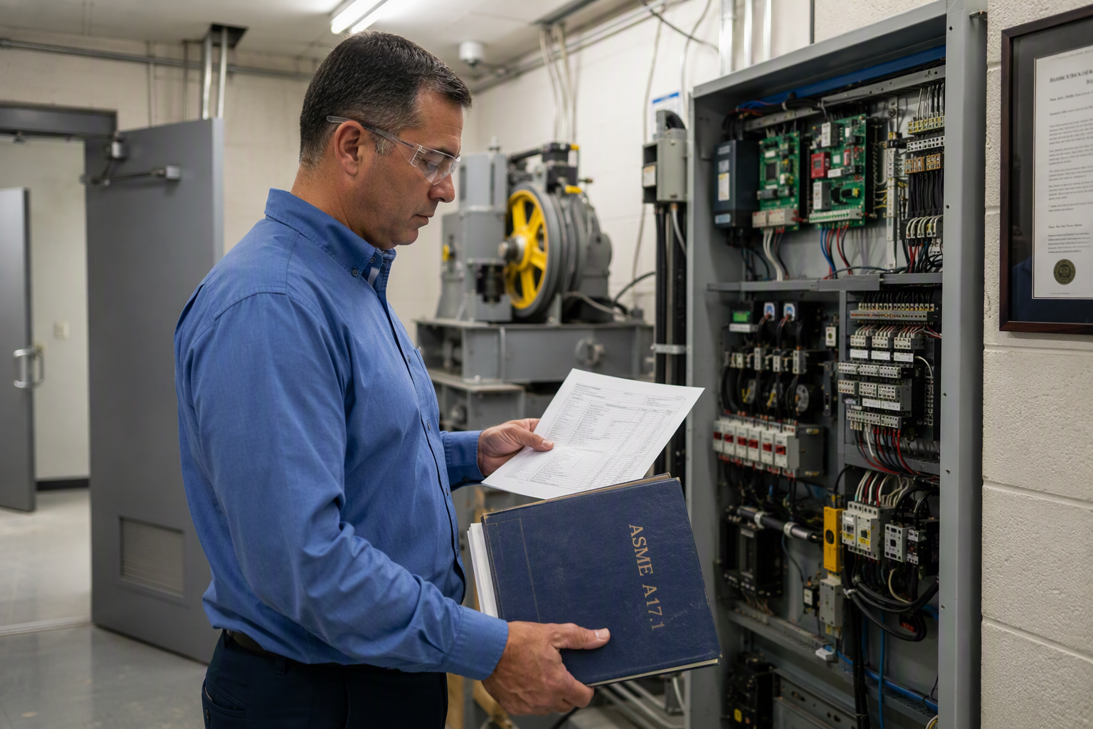 DBPR elevator inspector reviewing ASME A17.1 code documentation beside a traction elevator controller in a Florida school machine room during a compliance inspection