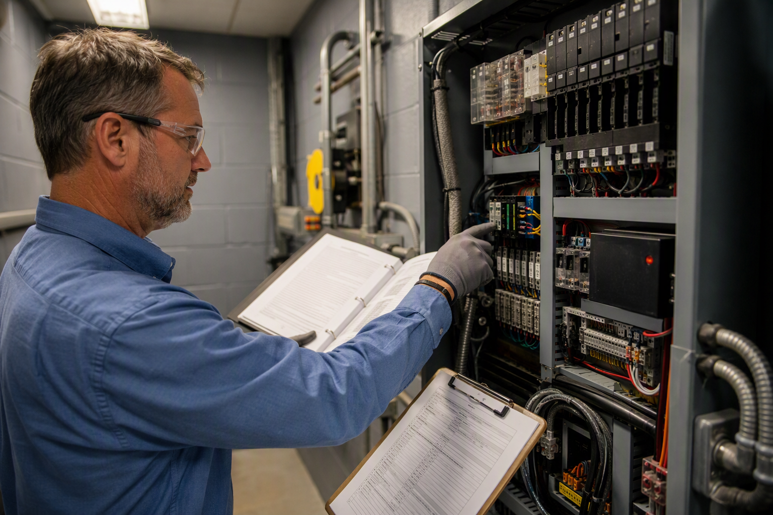 Elevator inspector reviewing ASME A17.1 code compliance on a traction elevator controller panel in a Florida multifamily apartment building machine room