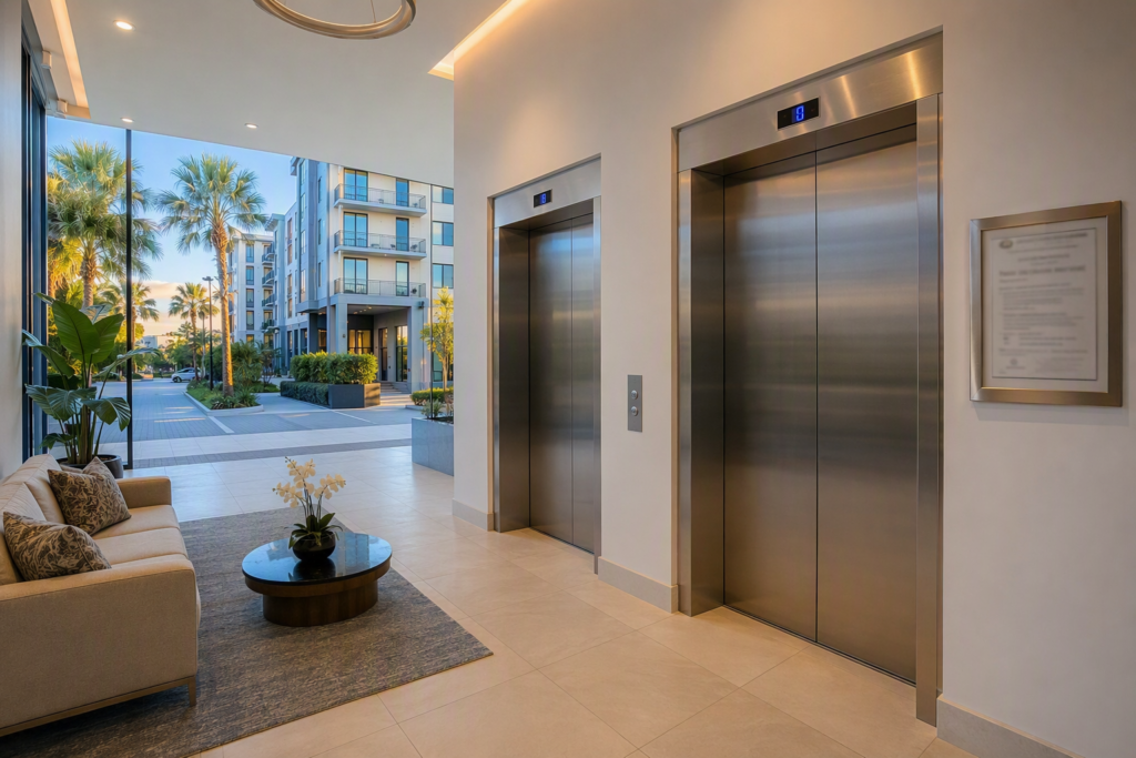 Florida multifamily apartment building lobby elevator bank with DBPR Certificate of Operation posted beside stainless-steel elevator doors, demonstrating safety compliance