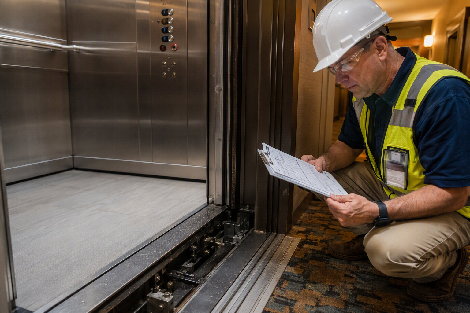 Licensed elevator inspector reviewing ASME A17.3 compliance checklist at a Florida hotel elevator door interlock, checking safety code requirements for hospitality properties.