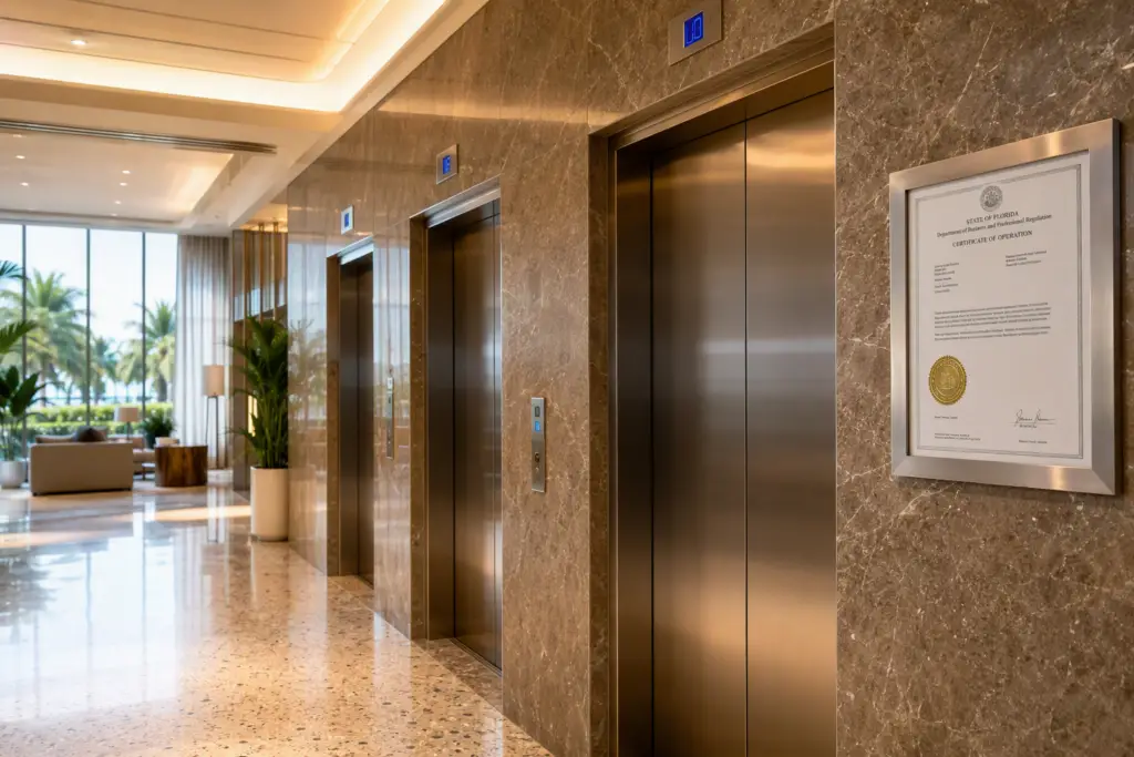 Hotel elevator bank in a Florida hospitality property displaying a DBPR Certificate of Operation on the marble lobby wall, representing elevator compliance requirements for hotels.