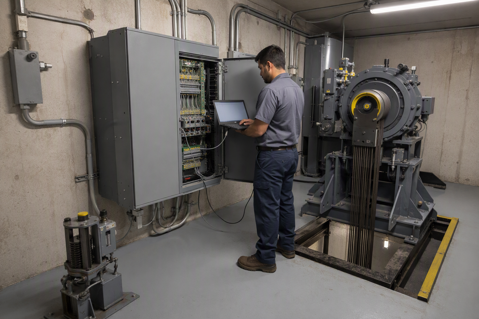 Elevator technician running diagnostic checks on a hotel machine-room controller in Florida, part of routine maintenance required for hospitality property elevator compliance.