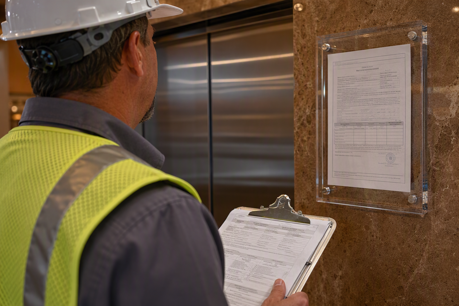 Licensed elevator inspector reviewing compliance documentation and Certificate of Operation beside elevator doors in a Florida mixed-use commercial building lobby