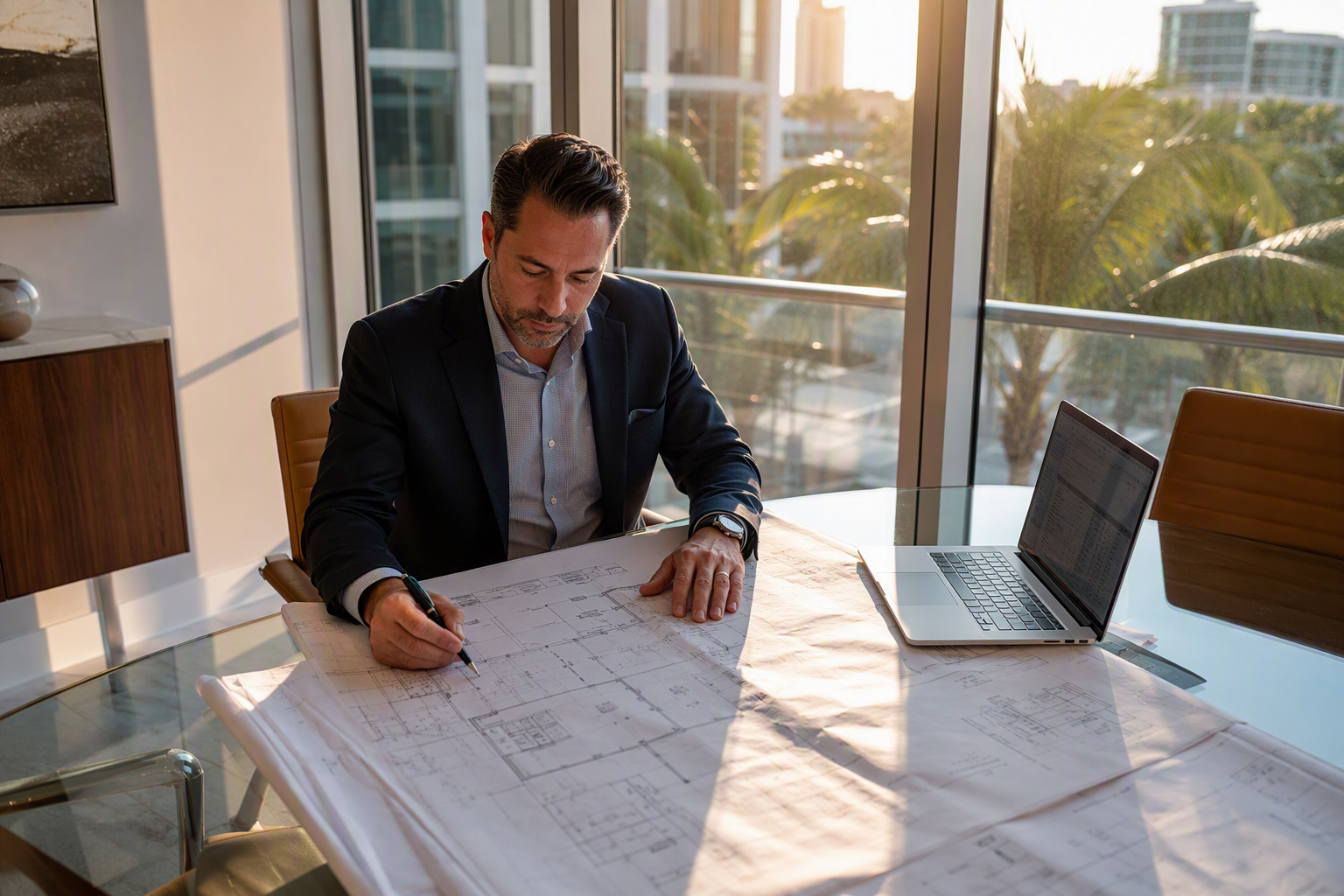 Property manager reviewing elevator maintenance contracts and compliance plans in a Florida mixed-use building management office with palm trees visible through windows