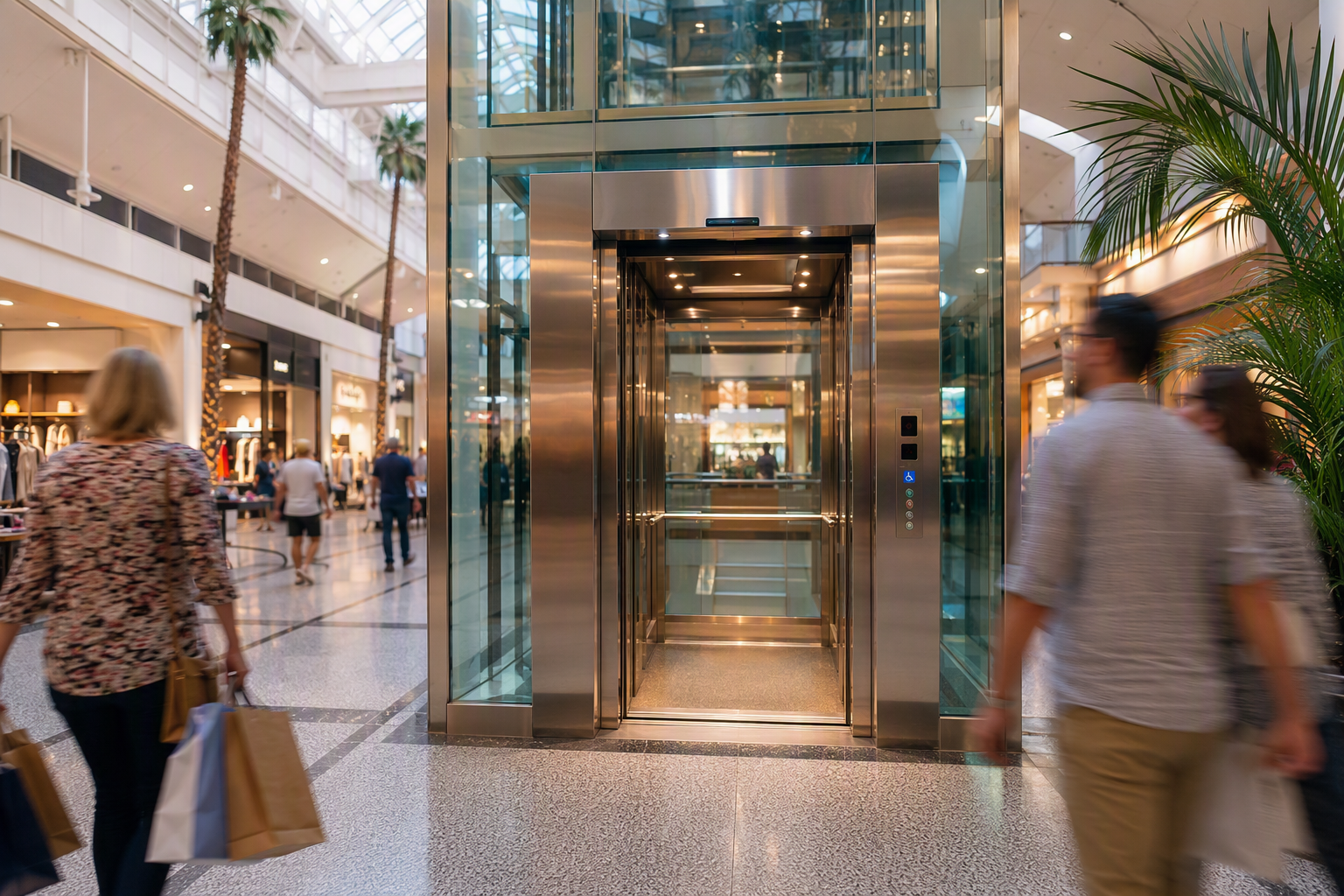 Glass-walled passenger elevator in a Florida retail shopping center atrium, showing ADA-compliant Braille call buttons and stainless steel doors under Florida elevator safety compliance requirements