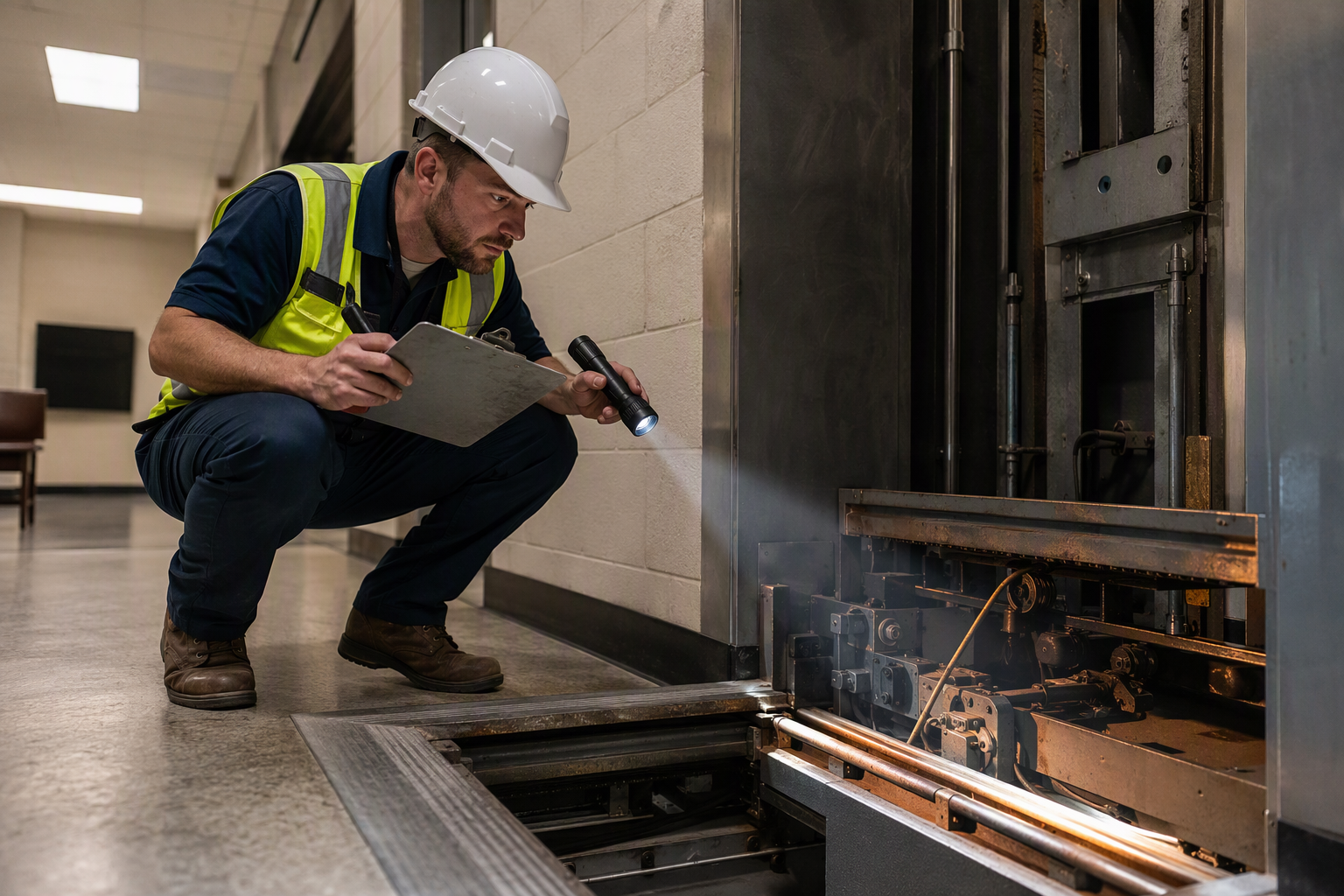 Periodic Elevator Inspection at Florida School Licensed elevator inspector examining pit equipment inside a Florida school building during a DBPR-mandated periodic elevator inspection, holding a compliance checklist