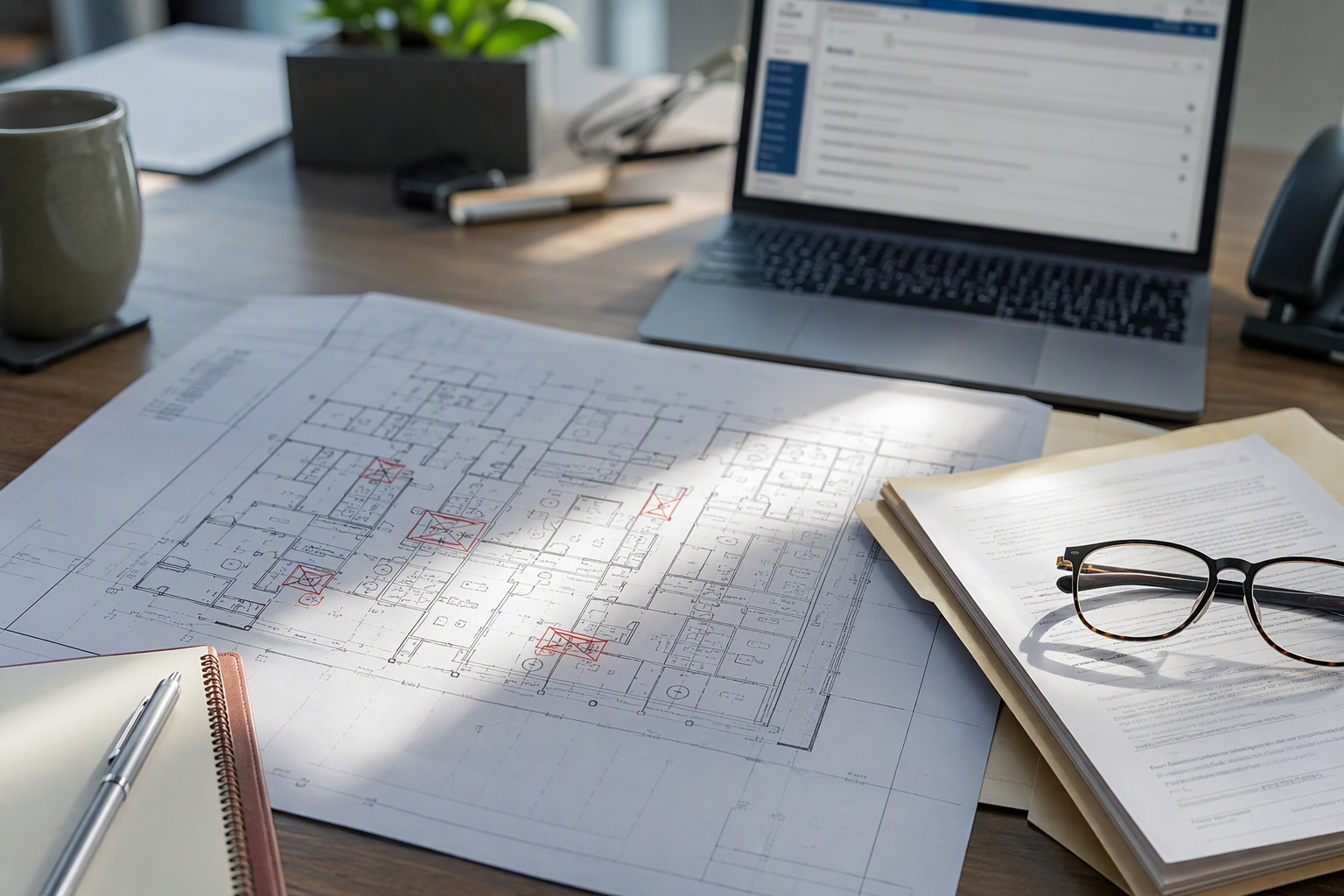Facilities Manager Reviewing Elevator Compliance Records University facilities manager reviewing elevator compliance records and floor plans at a desk, responsible for meeting Florida elevator safety act requirements at an educational institution