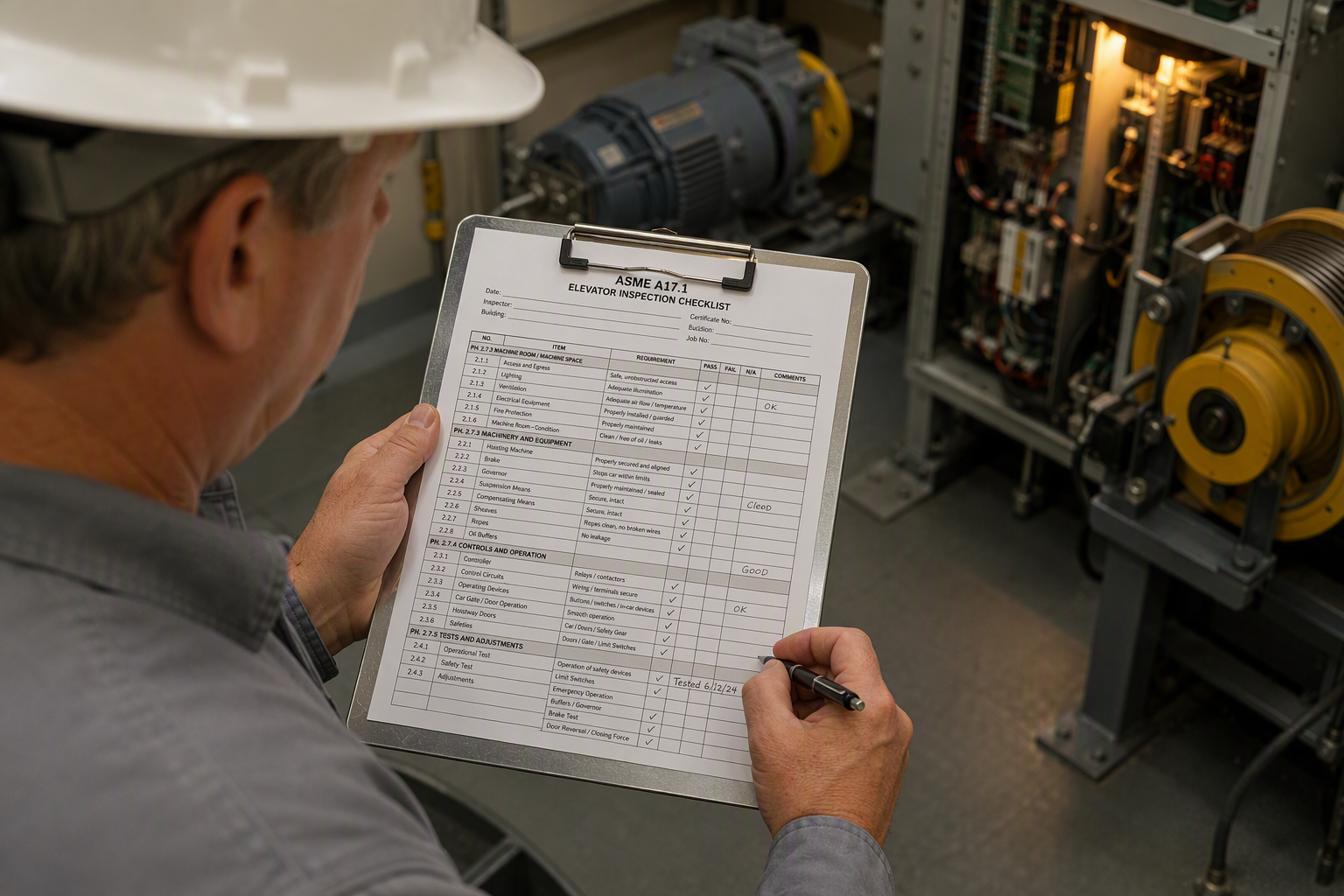 Licensed elevator inspector completing an ASME A17.1 safety code inspection checklist inside a school building machine room in South Florida, verifying governor, controller, and safety devices