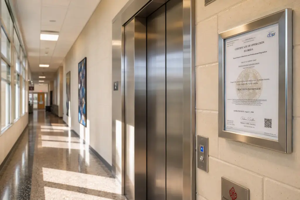 Florida school elevator bank with DBPR certificate of operation posted beside stainless steel doors, showing compliance with Chapter 399 elevator safety requirements for K-12 and university buildings