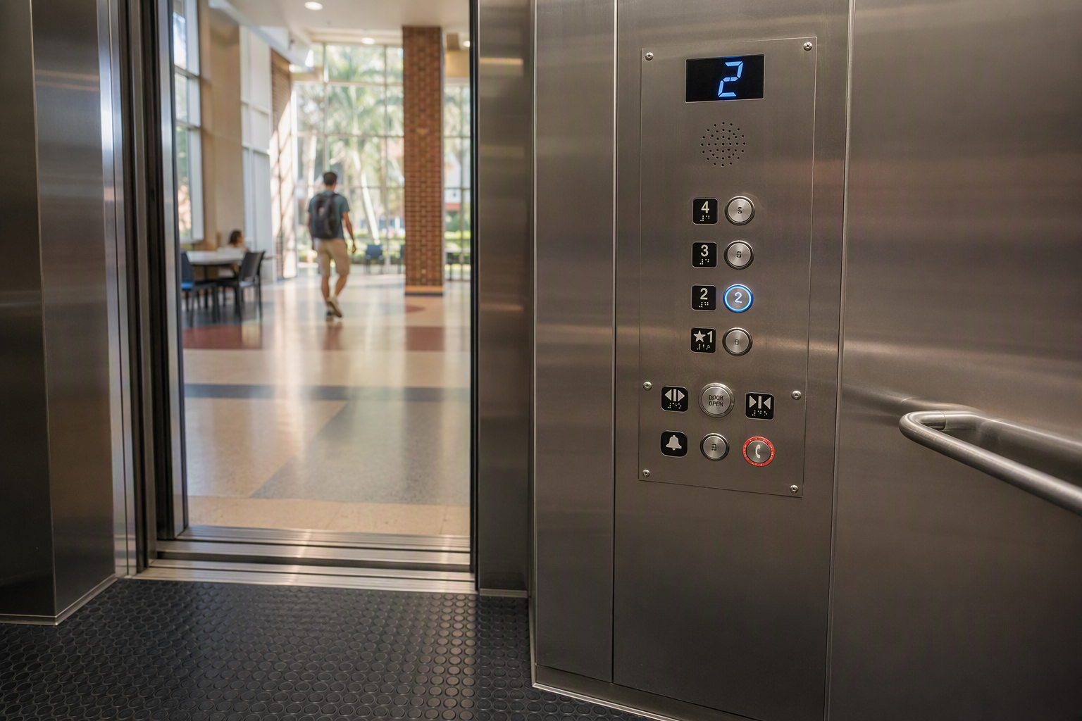 ADA Elevator Accessibility — University Cab Control Panel ADA-compliant elevator control panel inside a Florida university building cab showing raised characters, Braille floor buttons, and illuminated indicators required for accessibility compliance in educ