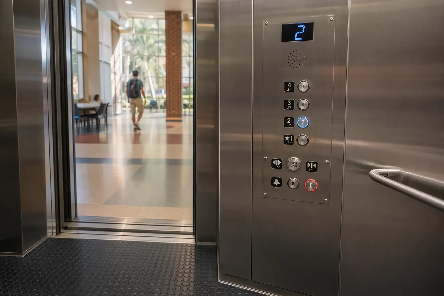 ADA-compliant elevator control panel inside a Florida university building cab showing raised characters, Braille floor buttons, and illuminated indicators required for accessibility compliance in educ