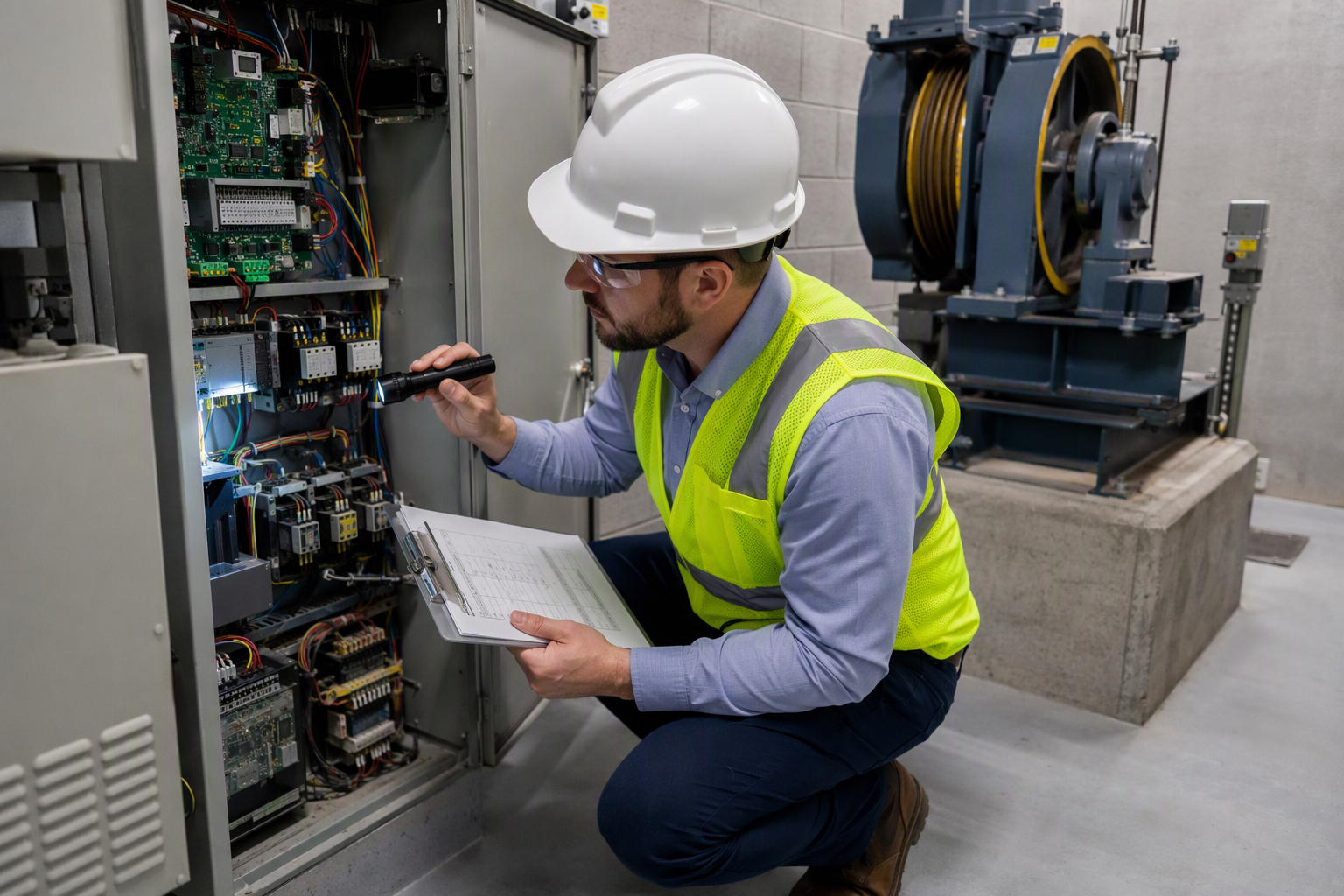 Licensed elevator inspector reviewing open controller cabinet in Florida commercial building machine room during DBPR compliance inspection required before property sale