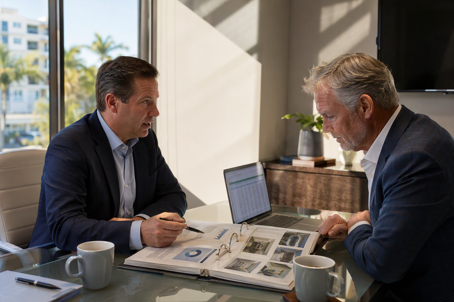 Commercial mortgage lender and building owner reviewing Property Condition Assessment elevator report at Florida real estate closing meeting, discussing required repairs before refinancing