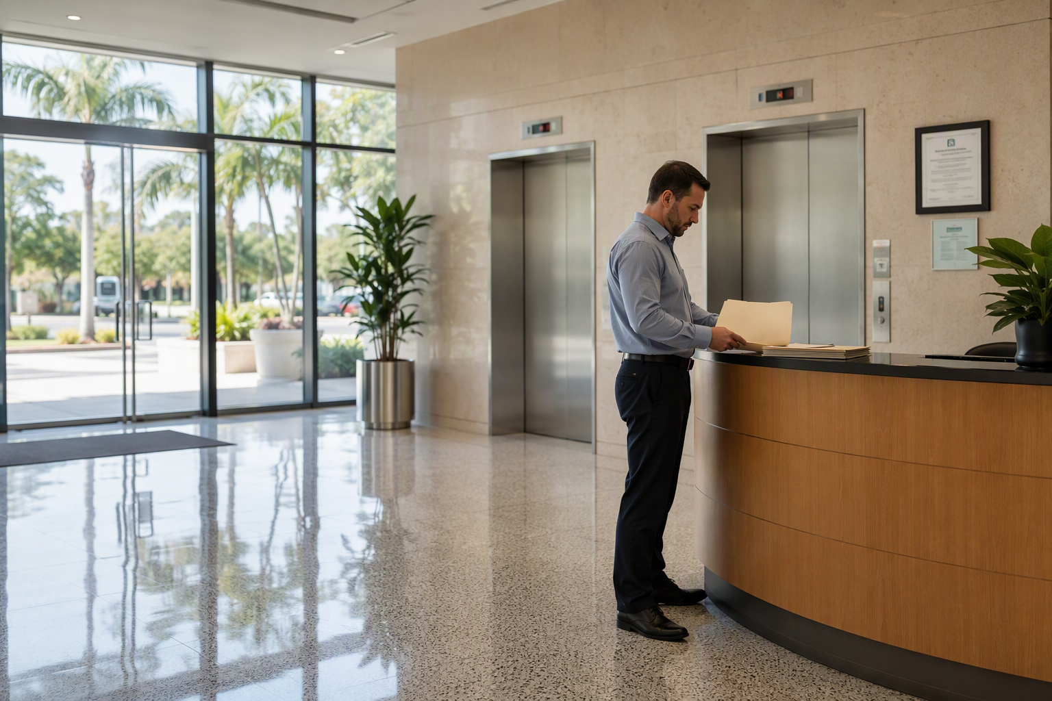 Florida commercial building lobby with elevator operating permit certificate posted beside stainless steel cab doors, building manager reviewing compliance paperwork before property sale